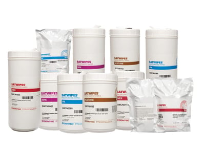 group of white SATwipes product bottles with colorful labels