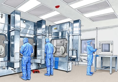 illustration of sanitary workers in blue hazmat suits at a cleaning station